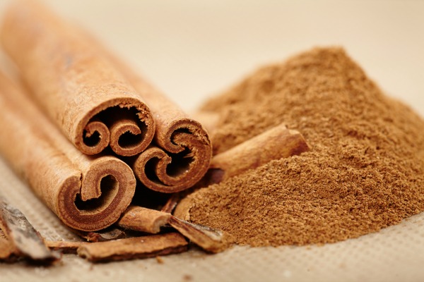 Closeup of cinnamon sticks and powder with selective focus